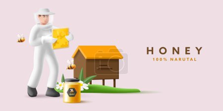 Illustration for 3d render composition illustration of beekeeper taking honeycombs from beehive, honey jar and bees flying on green grass with flowers - Royalty Free Image