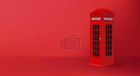 Illustration for Illustration of a telephone box, 3d render classic booth, traditional turistic attraction in London, on red backdrop with 3d space - Royalty Free Image