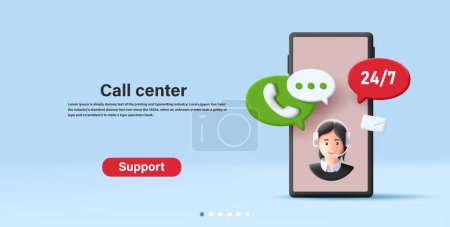 3D-Darstellung der Callcenter-Support-Person mit Headset, Online-Assistenzchat, Smartphone-Zugang, digitalem Banner