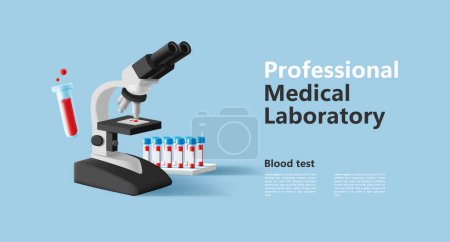 Téléchargez les illustrations : Illustration 3D du laboratoire d'analyse de sang avec des échantillons de sang dans des tubes de bécher en verre et microscope avec du matériel biologique, bannière web, soins de santé - en licence libre de droit
