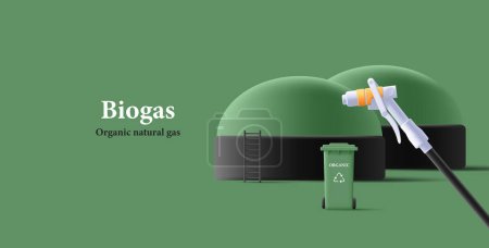 Biogas Energy Power Plant, Green Energy, Alternative Power 3d render composition with hose for transport refueling, green