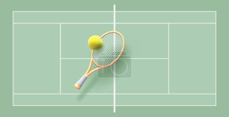 3D-Tennisschläger und Tennisball auf grünem Tennisplatz Hintergrund, Illustration oder Banner Hintergrund für Turnier-Poster