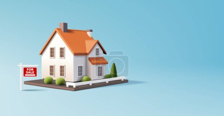 Téléchargez les illustrations : Illustration vectorielle 3D de la maison avec enseigne à vendre, investissement immobilier, prêt hypothécaire et crédit-bail, modèle de bannière d'agence - en licence libre de droit