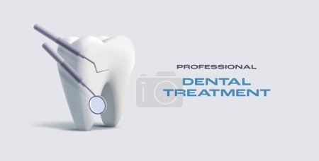 Ilustración 3d de un diente con espejo de equipo dental, plantilla de banner de cuidado de tratamiento dental
