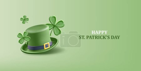 Illustration for Saint Patricks Day poster with clove leaves and green hat. Vector render 3d illustration. - Royalty Free Image