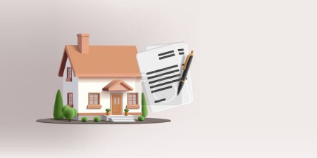 3D Render Vektor Illustration des Hauses mit Vertragspapieren Symbol für die Unterschrift, Immobilien-Investitionen, Hypothek und Leasing, Agentur Illustration