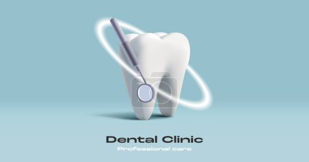 Téléchargez les illustrations : Illustration 3D d'une dent avec miroir dentaire et cercle brillant protecteur, composition de l'affiche des soins dentaires - en licence libre de droit