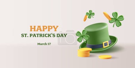 Saint Patrick's Day poster with clove leaves and green hat with falling golden coins. Vector 3d render illustration.