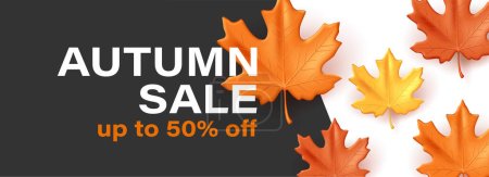 Illustration for Autumn background with 3d fall maple leaves in orange and yellow colors, sale promo banner with discount, template - Royalty Free Image