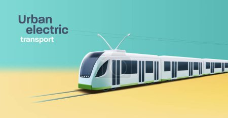 Illustration for City transport. Modern Tram or train 3d illustration on the rails, urban public transport banner - Royalty Free Image
