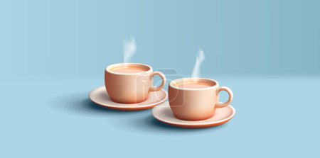 Téléchargez les illustrations : Illustration 3D de deux tasses à café ou à thé avec soucoupe, boisson chaude d'automne à la vapeur, couple isolé sur bleu - en licence libre de droit