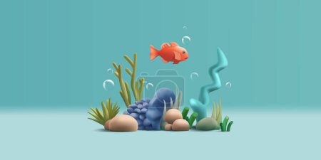 Téléchargez les illustrations : Récif corallien et poissons. Illustration de dessin animé vectoriel 3D avec algues et bulles sous la composition de l'eau - en licence libre de droit