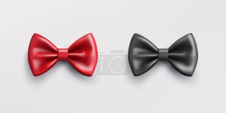 Illustration for Realistic black and red bow tie. Vector classic silk or satin, glossy necktie set isolated on white background. - Royalty Free Image