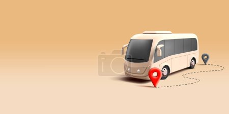 3D realistische Bus-Render-Illustration mit gestrichelter Linie und Pins Geo-Tags, modernes Nahverkehrskonzept Auto, braunes Mono-Chrom