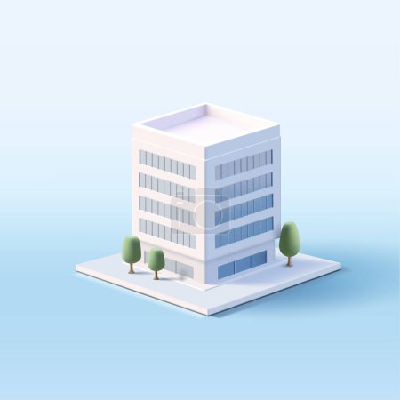 Business center building 3d render illustration with windows and trees, simple icon in white colours, model real estate