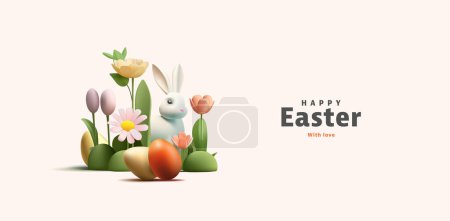 Illustration for Happy Easter greeting with 3d render Easter eggs and bunny in flowers and grass green field, egg hunting game, hide and seek banner - Royalty Free Image