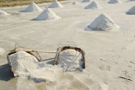 Pila de sal natural con cestas contienen en granja de sal, Tailandia.