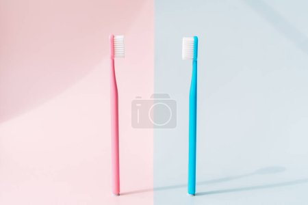 Téléchargez les photos : Brosse à dents rose sur fond rose et brosse à dents bleue sur fond bleu. - en image libre de droit