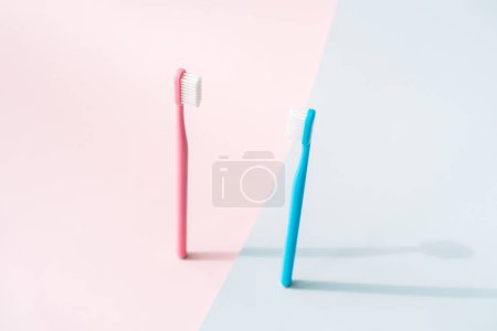 Téléchargez les photos : Brosses à dents sur le fond des couleurs de genre. - en image libre de droit