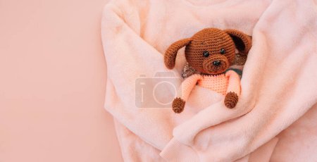Photo for Soft pink sweater hugs a knitted toy on a pink background. - Royalty Free Image