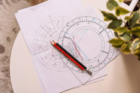 Natal chart on white paper with pencils on the table.