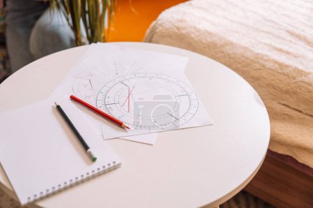 Natal chart on white paper with pencils on a round table.