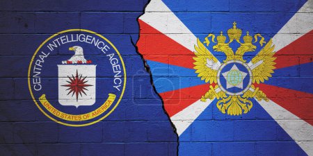 Foto de Muro de ladrillo agrietado pintado con una bandera de la Agencia Central de Inteligencia (EE.UU.) a la izquierda y una bandera del Servicio de Inteligencia Exterior (Rusia) a la derecha. - Imagen libre de derechos