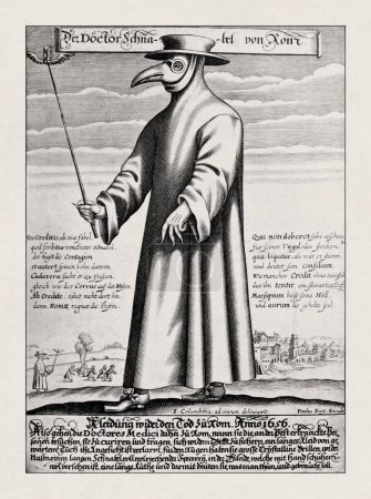 Illustration eines Pestarztes in Rom aus dem 17. Jahrhundert von Paul Furst mit einem satirischen makaronischen Gedicht.