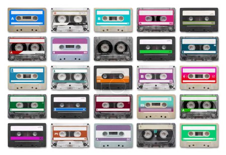 Photo for Full-frame close-up on 25 audio cassettes isolated on white background. - Royalty Free Image