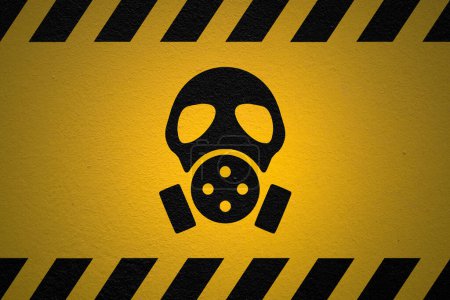 Black striped yellow background with a gas mask warning sign and a light effect to dramatize the whole.
