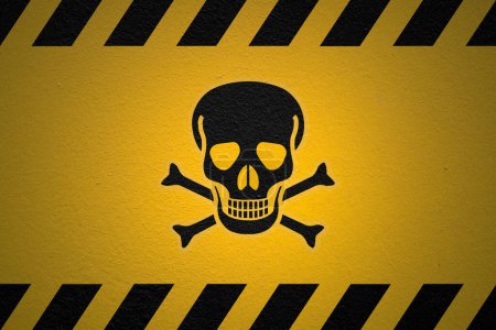 Photo pour Black striped yellow background with a Danger Poison Sign and a light effect to dramatize the whole. - image libre de droit