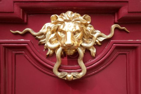 Close-up on a door knocker shaped into a lion head holding in its mouth two snakes.