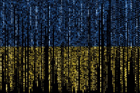 Flagge der Ukraine auf einem Computer Binärcodes fallen von der Spitze und verblassen.