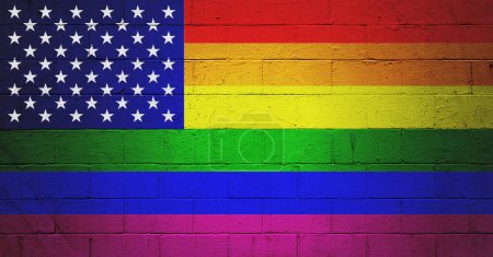 Photo for Picture of the LGBT pride Flag painted on a cinder block wall - Royalty Free Image