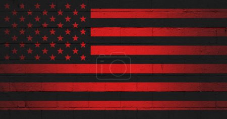 Foto de Imagen de la bandera anarquista americana roja y negra pintada en una pared de bloques de cemento - Imagen libre de derechos