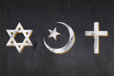 Photo for Blackboard with the symbols of the three Abrahamic religions: the Jewish Star of David, the Christian cross, and the Islamic star and crescent drawn in the middle. - Royalty Free Image