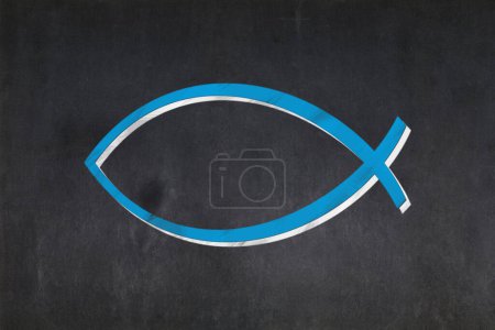 Photo for Blackboard with the Ichthys (also known as the "sign of the fish" or the "Jesus fish") drawn in the middle. - Royalty Free Image