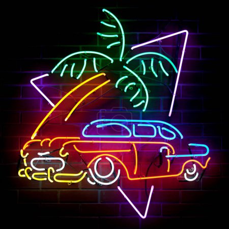 Photo for Close up on a neon light shaped into an old chevy under a palm tree. - Royalty Free Image
