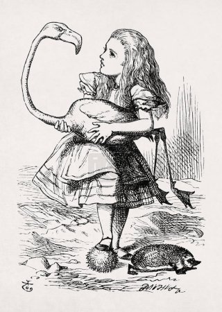 Illustration de John Tenniel d'Alice essayant de jouer au croquet avec un flamant rose créé en 1865 pour le roman de Lewis Carroll, Alice au pays des merveilles