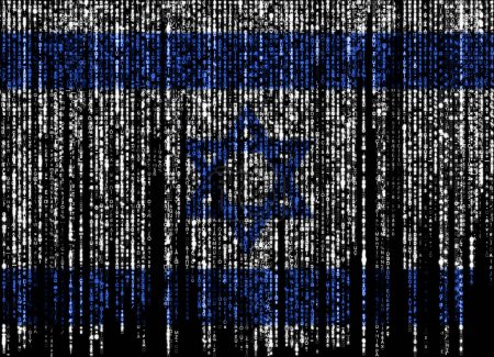 Flagge von Israel auf einem Computer Binärcodes fallen von oben und verblassen.