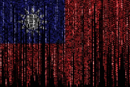 Flagge von Taiwan auf einem Computer binäre Codes fallen von der Spitze und verblassen.