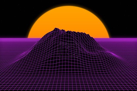 3D mountain grid from the 80s with sunset.
