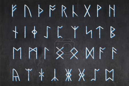 Photo for Blackboard with the 34 glyphs used in Anglo-Saxon runes alphabet (same as Anglo-Frisian runes) drawn in the middle. Anglo-Saxon runes are runes used by the early Anglo-Saxons as an alphabet in their writing. The characters are known collectively as t - Royalty Free Image