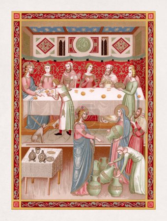 Photo for The transformation of water into wine at the wedding at Cana (also called the marriage at Cana, wedding feast at Cana or marriage feast at Cana) is the first miracle attributed to Jesus in the Gospel of John.. From a miniature in a 14th century manus - Royalty Free Image
