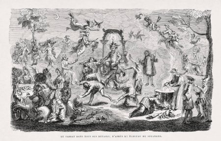 Foto de Ilustración de un sábado de brujas basada en una pintura de Bartolomé Spranger (1546 - 1611) y publicada en 1863 para el Diccionario infernal escrito por Jacques Collin de Plancy (1793 - 1881). - Imagen libre de derechos
