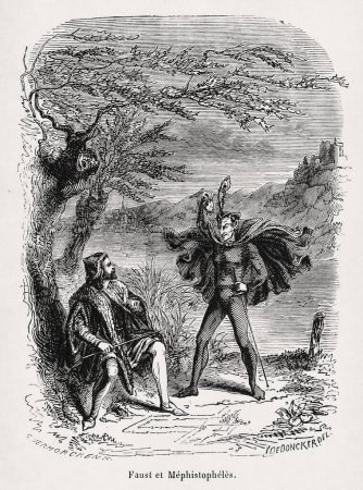 Illustration de Faust et Méphistophélès produite par Victor De Doncker et publiée en 1863 pour le Dictionnaire infernal écrit par Jacques Collin de Plancy.