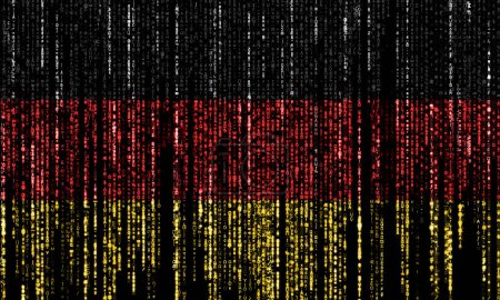 Foto de Bandera de Alemania en un ordenador códigos binarios que caen desde la parte superior y se desvanecen. - Imagen libre de derechos