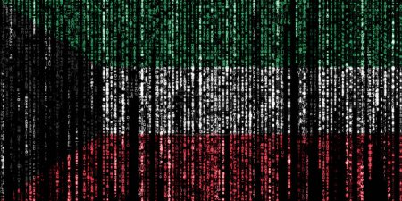 Flagge von Kuwait auf einem Computer Binärcodes fallen von der Spitze und verblassen.