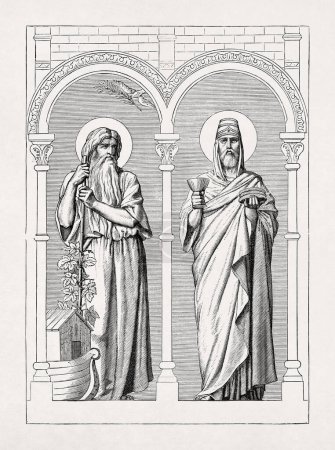 Illustration mit dem Titel "Die Patriarchen", die Noah mit der Arche zur Linken und Melchisedek mit Brot und Wein zur Rechten darstellt. Fresko von Hippolyte Flandri