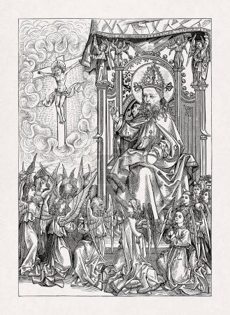 Darstellung Gottes und der Engel vor ihren Revolten nach einer Zeichnung von Michael Wolgemut aus der Bibel von 1491.